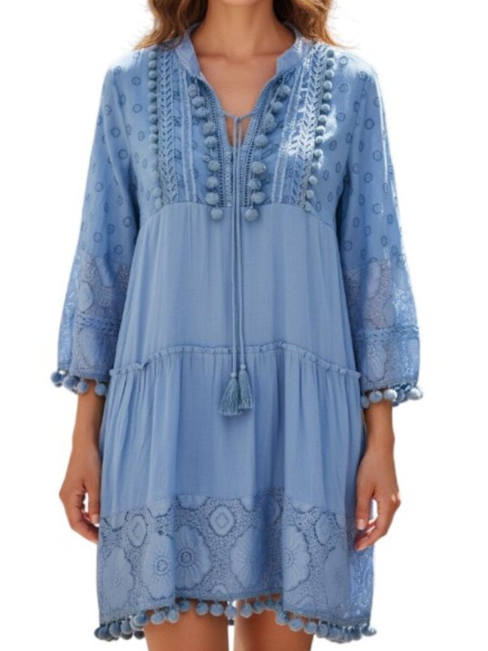 Misslook Blue Floral Embroidered Boho Tunic Women’s Dress Sz S